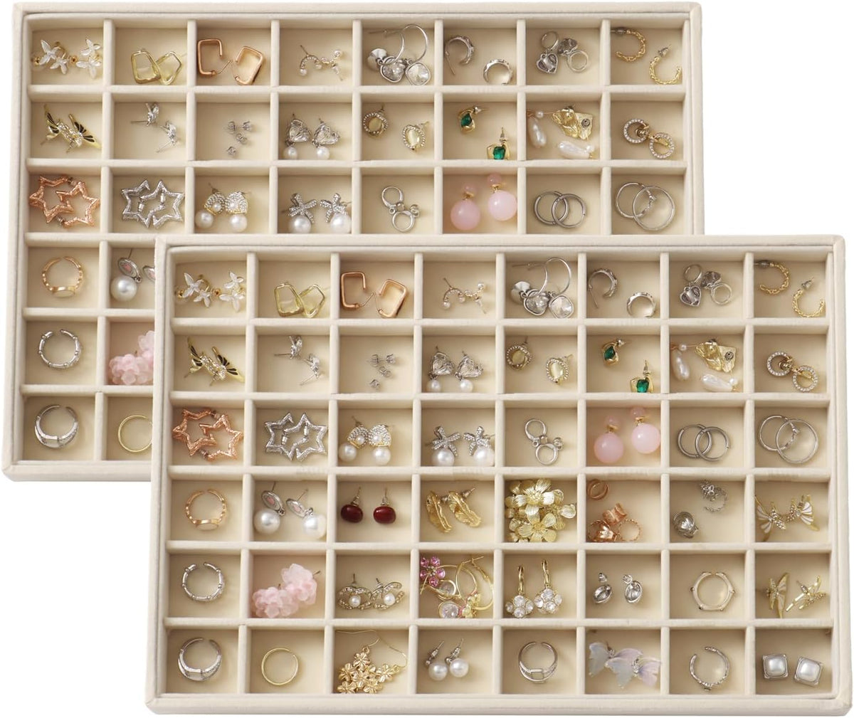 Large Velvet Jewelry Tray 2 Pack Stackable Jewelry Display Drawer Inserts Trays Organizer for Earring Bracelet Necklace Ring (Beige, 48 Grids)