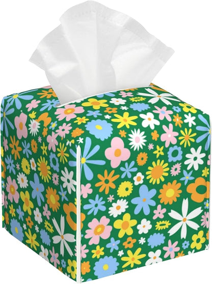 POIUBLE Colorful Hippie Flowers Tissue Box Cover Leather Tissue Box Holder Square Facial Paper Organizer Dispenser for Bathroom Kitchen Bedroom Vanity Countertop Night Stands