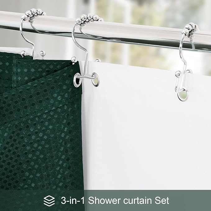 Craidlela 3 in 1 Long Dark Green Shower Curtain Set-72 W x 78 H, Modern Waffle and PEVA Liner Set with 12 Stainless Steel Hooks, Waterproof Fabric for Bathroom