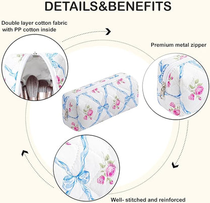 WHHJM Cute Floral Makeup Brush Bag Small Cotton Quilted Cosmetic Bag for Women Travel Toiletry Zipper Make Up Pouch (Blue Bowknot Rose)