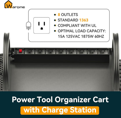 Warome Large Power Tool Organizer Cart with Charging Station, Rolling Utility Cart with 8-Outlet Movable Power Strip, Floor Standing Drill and Battery Holder,Tool Cart on Wheels for Garage Storage