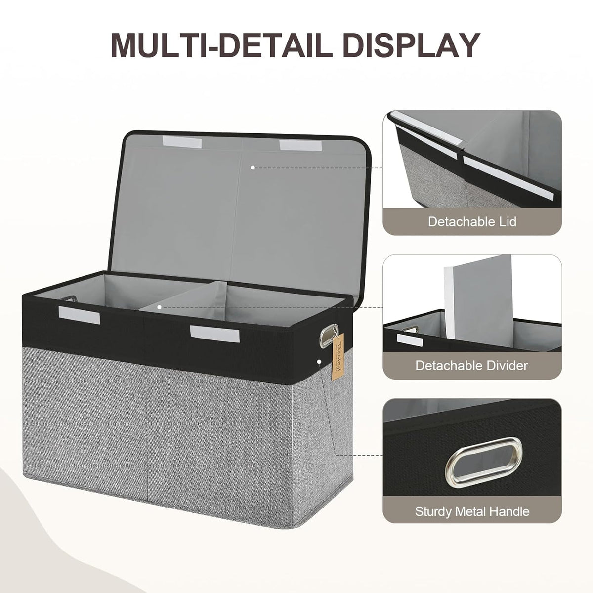 Large Toy Box with Flip-Top Lid, Collapsible Storage Organizer Bins with Dividers and Handles, Kids Bin Chest Baskets for Toys, Playroom Organizers, Nursery 25"x13" x16" (Balck & Gray)