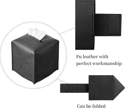 REGELETO Square Tissue Box Cover, Pu Leather Tissue Box Holder with Bottom Belt Modern Stylish Tissue Box Organizer for Bathroom, Bedroom, Hotel, Office Desk 5"X5"X5" (Black)