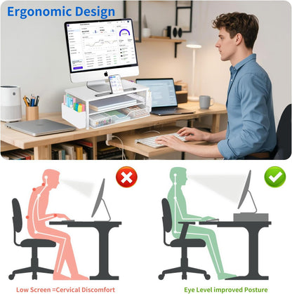 AUPSEN White Monitor Stand Riser, 2-Tier Wood Computer Desk Organizer with Drawer, Pen Storage & Phone Holder, Office Desk Accessories Desktop Organizer for Office Supplies