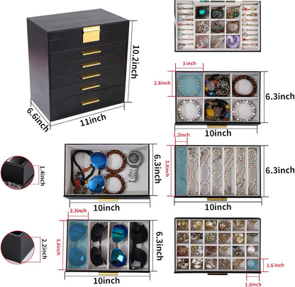 BOOVO Jewelry Box with Necklace Hanger – Jewelry Organizer for Women with 5 Drawers, Large Jewelry Storage Boxes –Jewelry Organizers and Storage for Earrings, Necklaces (Black, 6 layer)