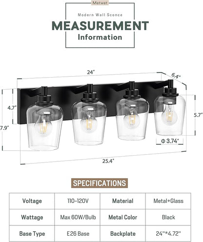 METWET Bathroom Light Fixtures, 4-Light Modern Vanity Light