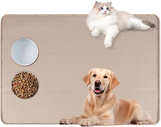 Bartuke Cat Food Mat, 40" x 28" Extra Large Silicone Pet Feeding Mat with Raised Edge Pet Placemat for Food and Water Bowl Non-Slip, Easy to Clean, Floor Protection (Khaki)