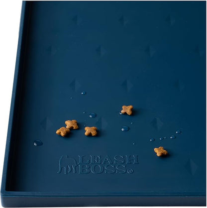 Leash Boss Dog Food Mat - Waterproof Cat & Dog Bowl Mat for Food and Water, Silicone Pet Feeding Mats for Floors, Non-Slip Placemat with High Edges, Puppy Essentials (XXL: 30"x22", Navy)