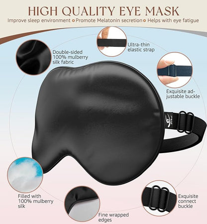 HiRui Silk Sleep Mask, 100% Natural Mulberry Silk of Double-Sided & Inner-Filling, Ultra-Smooth Soft, Adjustable Strap, Blocks Light for Night Sleeping, Travel, Office Naps (Black)