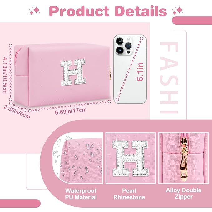 ChaoGreat Bride Gifts – Personalized Initial Makeup Bag with Pearl Rhinestone Patch, Preppy Pink Monogram Cosmetic/Toiletry Pouch, bridesmaid Gifts, Bridal Shower Gifts, Wedding Gifts, Bridal Gifts,H