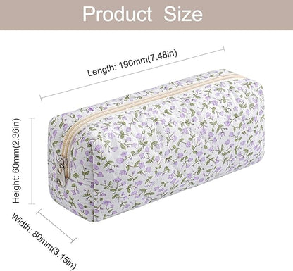 WHHJM Cute Floral Makeup Brush Bag Small Cotton Quilted Cosmetic Bag for Women Travel Toiletry Zipper Make Up Pouch (Purple Floral)