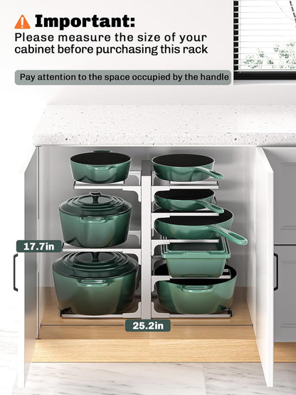 MUDEELA 8-Tier Pots and Pans Organizer under Cabinet, 15.83" Height Heavy Duty Pot Pan Organizer Kitchen Cabinet Organization and Storage, Adjustable Pot Rack for Frying Pan, Cast Iron Skillet, Sliver