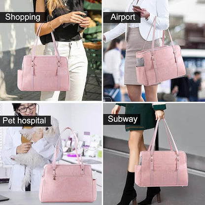 Lasaviin Dog Carrier Purse, Fashion Leather Pet Carrier with Pockets, Airline Approved Soft Sided Dog Carrying Bag for Puppy Cat Dog Pink