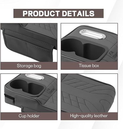 Car Center Console Armrest Pillow, 13.4"×7.5"×2" Leather Auto Arm Rest Cover with Pocket & Tissue Box & Cup Holder, Multifunctional Vehicle Armrest Cushion Pad, Car Accessories (Gray)