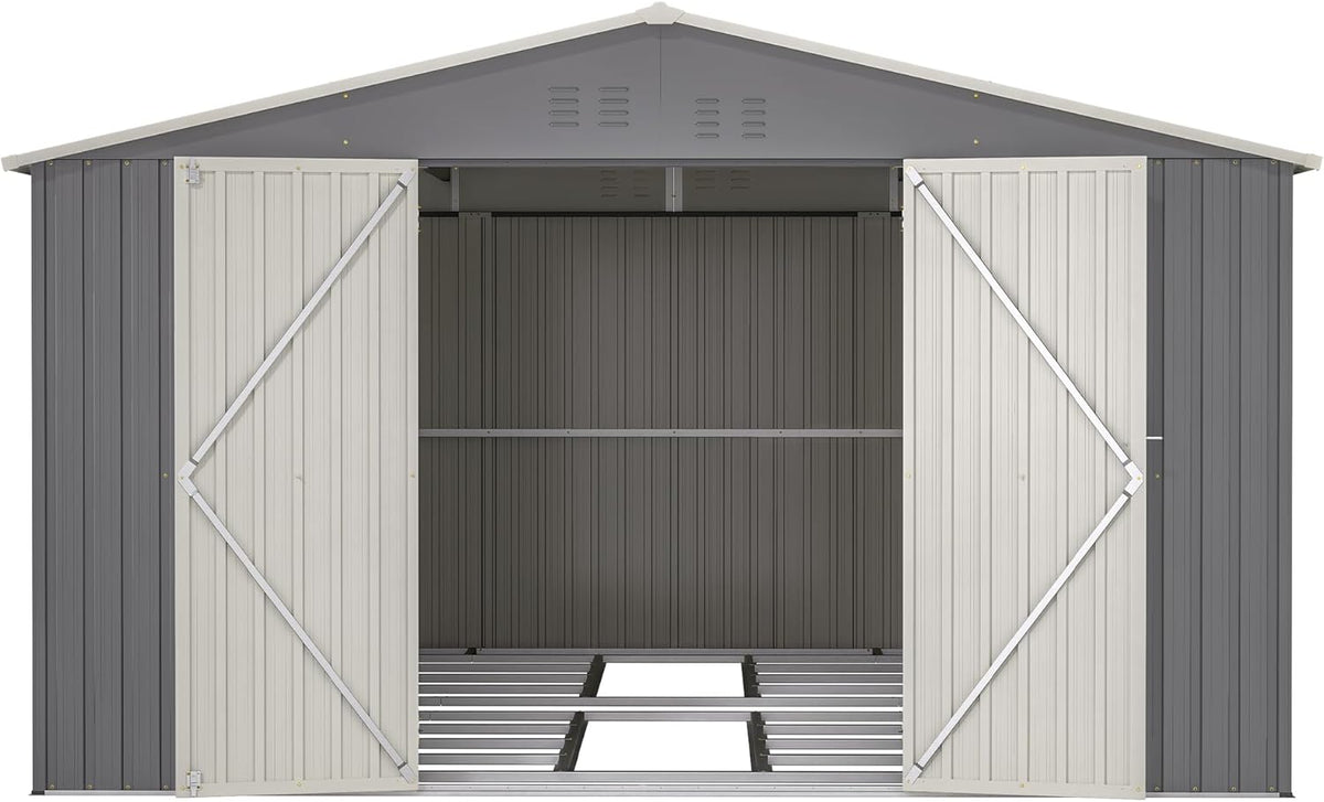 Large Outdoor Storage Shed, 11' X 13' Metal Galvanized Steel Garden Shed with Floor Frame, Utility Tool Shed Storage House for Backyard, Patio, Lawn