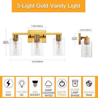 SOPEAS Gold 3-Light Bathroom Vanity Light, Modern Brushed Gold Vanity Lights