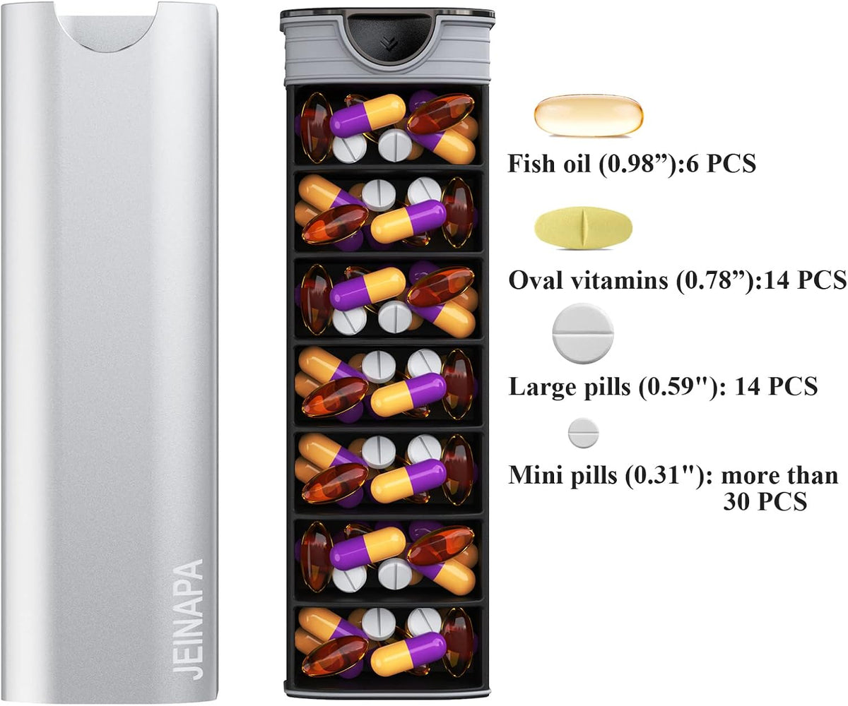 Extra Large Pill Organizer 7 Day, Aluminum Daily Pill Box, Weekly Travel Pill Case, Cute Pill Holder to Hold Vitamins, Medicines, Pills, Supplements