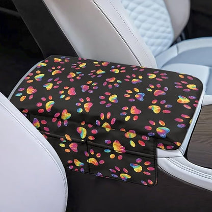 Dreaweet Tie Dye Dog Paw Arm Rest Cover for Car Women Thick Center Console Cover with Pockets Soft Comfortable Car Armrest Cushion Universal Console Covers for SUV Trucks Sedan
