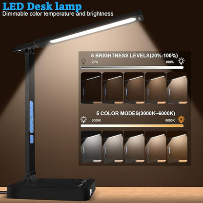 snsok Smart Desk Lamp with Dual USB Charging & 2 AC Outlets, Digital Clock