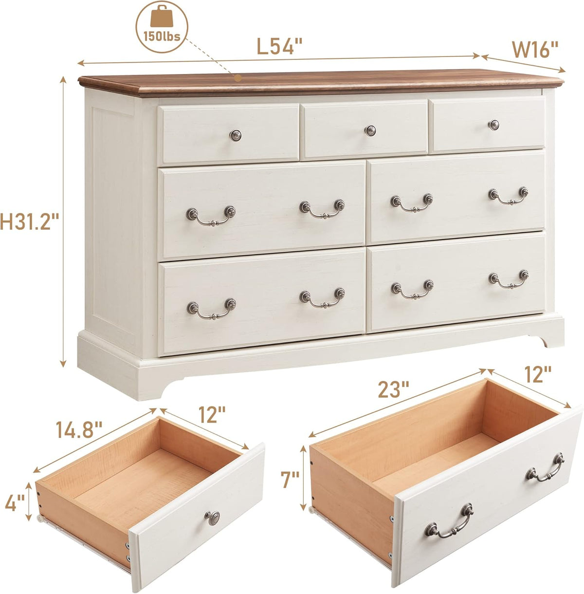 T4TREAM 7 Drawers Dresser Chests for Bedroom, Wood Vintage Chests of Drawers, Rustic Dressers Chset Organizer for Bedroom, Living Room, Hallway, Antique White