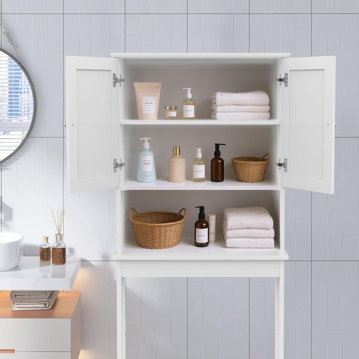 Over The Toilet Storage Cabinet, Behind Toilet Bathroom Organizer with Adjustable Shelves, Above Toilet Organizers with Barn Door, Space Saver for Restroom, Bathroom, Laundry