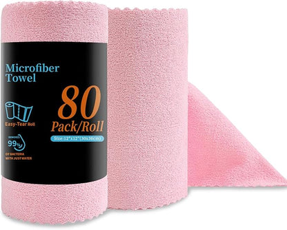 Jessy Home 80 Pack Microfiber Cleaning Cloth Roll Pink Reusable Paper Towels 12"x12" Tear Away Cloth,Microfiber Towels for Cars,Wash Cloths,Lint Free Rags for House,Kitchen,Window,Cleaning Supplies