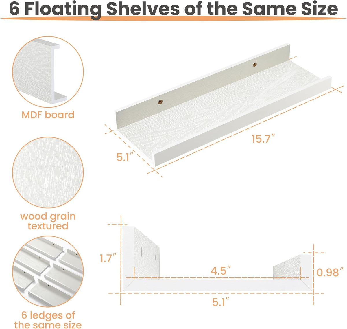 upsimples Floating Shelves for Wall, Wall Shelves for Decor Storage Set of 6, Wall Mounted Wood Shelf for Bedroom, Living Room, Bathroom, Kitchen, Picture Ledge Shelf, White