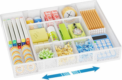 Marbrasse Expandable Desk Drawer Organizer, Mesh Drawer Organizer Tray with 10 Adjustable Compartments, Desk Organizers and Accessories, 5 Dividers Drawer for Office Supplies, Makeup & Vanity (White)