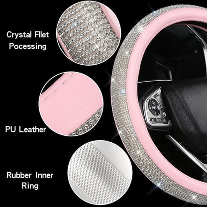 Steering Wheel Cover Women Pink Bling Diamond Steering Wheel Cover, Leather Cute Steering Wheel Covers with Crystal Rhinestones, Breathable, Anti-Slip Universal Fit 14.5-15 Inch Bling Car Accessories