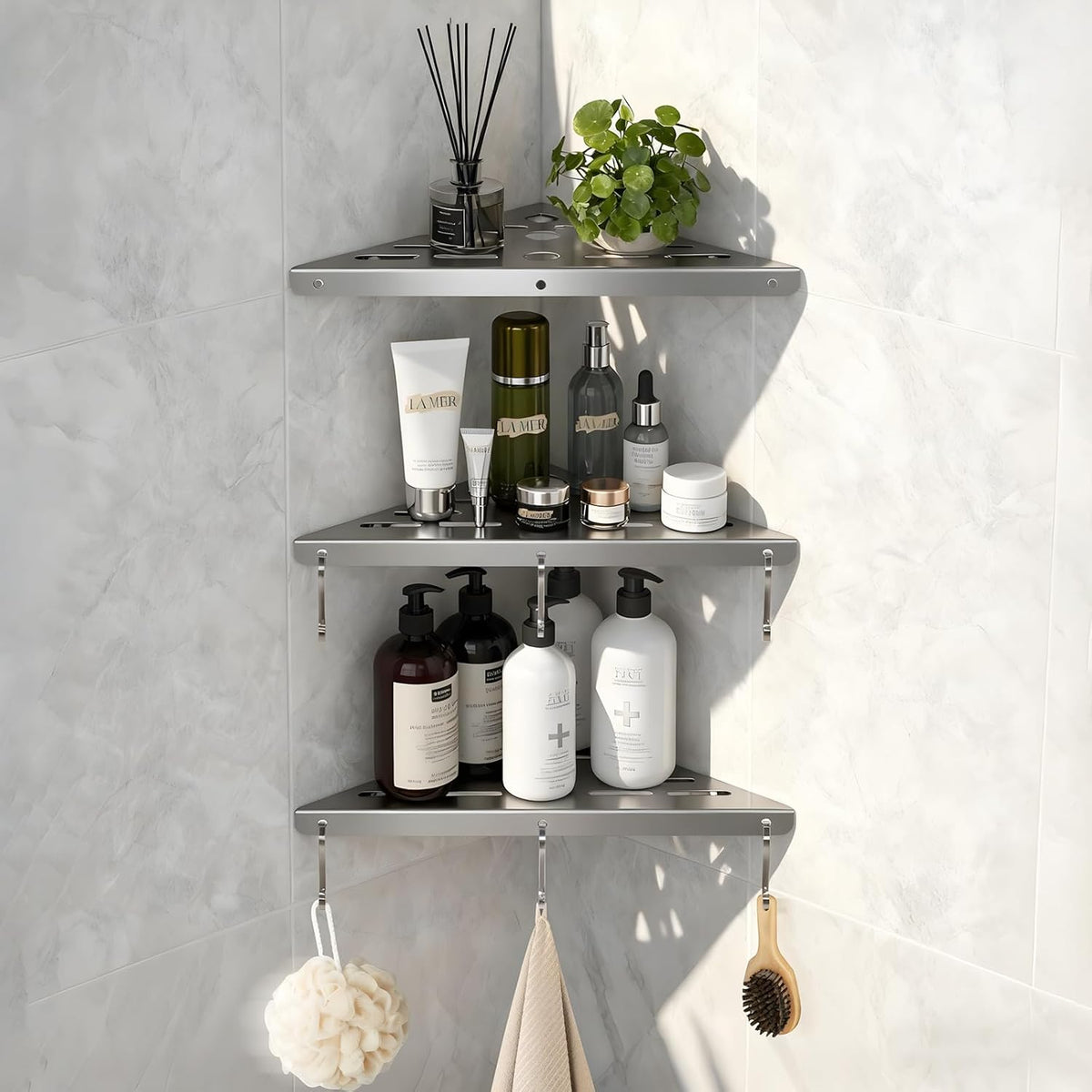 Shower Corner Shelf 304 Stainless Steel Shower Caddy 3 Tier Shower Organizer Niche Extra 6 Hangers Shelves 40 lbs Large Capacity Bathroom Storage for Inside Anti-Rust Drilling Installation(Silver)