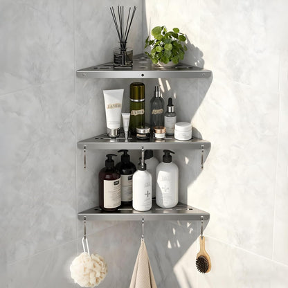 Shower Corner Shelf 304 Stainless Steel Shower Caddy 3 Tier Shower Organizer Niche Extra 6 Hangers Shelves 40 lbs Large Capacity Bathroom Storage for Inside Anti-Rust Drilling Installation(Silver)