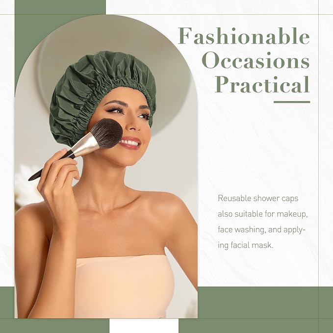 Reusable Shower Cap for Women, Large Waterproof Shower Essentials Bonnet Washable Elastic Band Bath Hair Wrap Hat for Long Hair, Braids(Pink&Green)
