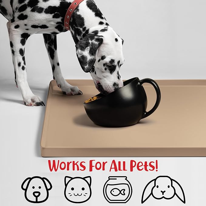DogBuddy Non-Slip Silicone Food Mat for Dogs (XXL: 32" x 24", Taupe) - Waterproof, Nonslip Dog Feeding Mat with Raised Edges