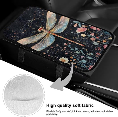 Dragonfly Flower Middle Console Covers Elastic Flannel Center Console Cover Anti-Slip Washable Car Center Console Lid Cover Accessories Compatible with Cars,SUV,Trucks