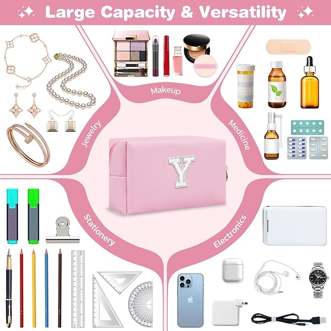 ChaoGreat Bride Gifts – Personalized Initial Makeup Bag with Pearl Rhinestone Patch, Preppy Pink Monogram Cosmetic/Toiletry Pouch, bridesmaid Gifts, Bridal Shower Gifts, Wedding Gifts, Bridal Gifts,Y