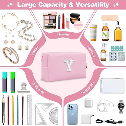 ChaoGreat Bride Gifts – Personalized Initial Makeup Bag with Pearl Rhinestone Patch, Preppy Pink Monogram Cosmetic/Toiletry Pouch, bridesmaid Gifts, Bridal Shower Gifts, Wedding Gifts, Bridal Gifts,Y