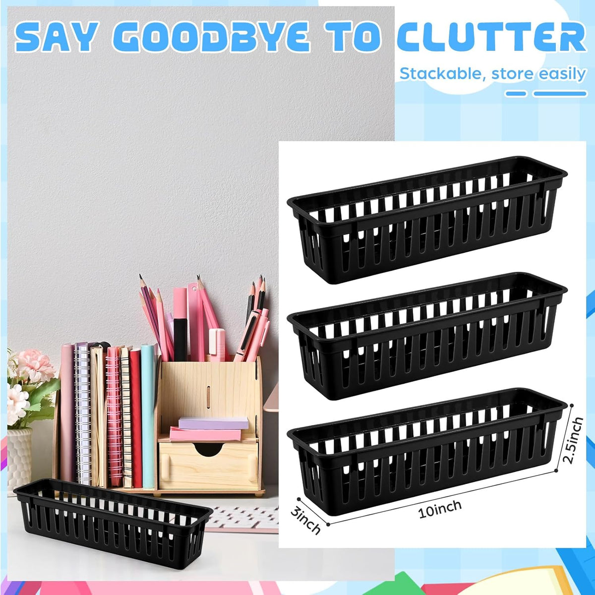 6 Pcs Black Slim Plastic Storage Baskets Tray 10 x 3 x 2.5 Inch Compact Stackable Desk Organizer for Office, Classroom, School Supplies, and Home Storage, Organization(Black)