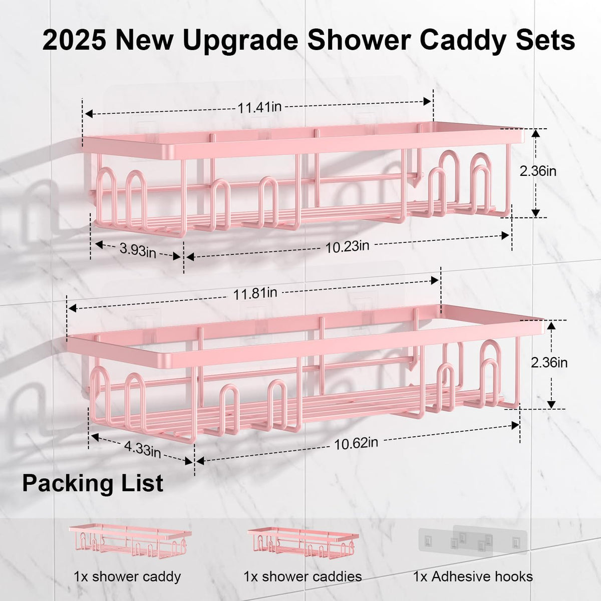 2025 New Adhesive Shower Caddy, Shower Shelves with 16 Hooks, Pink 2 Pack