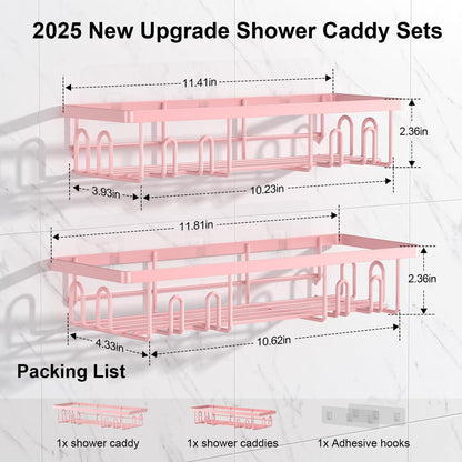2025 New Adhesive Shower Caddy, Shower Shelves with 16 Hooks, Pink 2 Pack