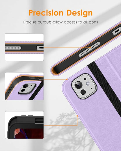 DTTO for iPad Pro 13 inch Case (M5/M4) 2025/2024, Premium Leather Business Folio Stand Cover with Pencil Holder - Auto Wake/Sleep & Multiple Viewing Angles, Built in Hand Strap & Pocket, Lavender