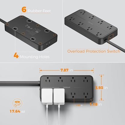 2000J Surge Protector Power Strip, TESSAN 5 FT Extension Cord