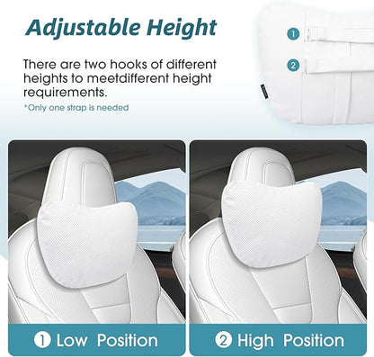 Upgraded Car Seat Neck Pillow - Adjustable Height Headrest Cushion - for Tesla Models 3/Y/S/X High Elastic Pearl Cotton Interior and Ventilated Nappa Leather - Neck Pain Relief (1 Pack White)