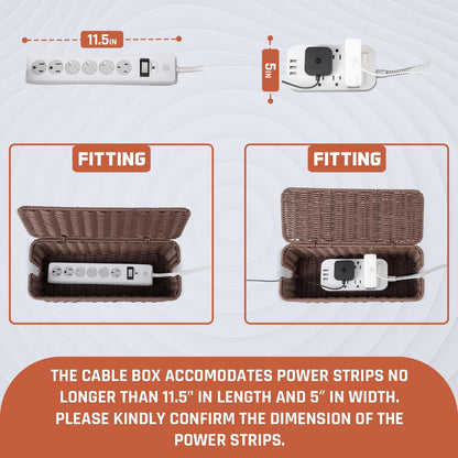 Cable Management Box, Handmade Rattan Cable Organizer, 2 Open Slots Cords Hider Box, Under Desk Cord Organizer for Computer Router USB Hub & Power Strip, Patent Pending, 13" x 5.1" x 5.1", Brown