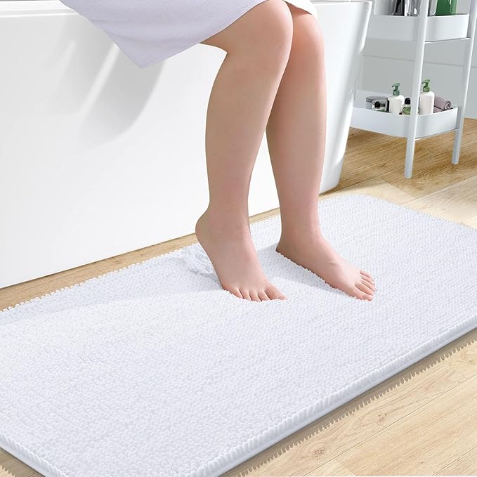 OLANLY Bathroom Rugs 47x24, Extra Soft Absorbent Chenille Bath Rugs, Rubber Backing Quick Dry, Machine Washable Bath Mats for Bathroom Floor, Tub and Shower, Home Decor Accessories, White