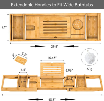 Bamboo Bathtub Tray for Luxury Bathroom, Expandable Premium Bath Tray w/Soap Towel Book Holder, Adjustable Bath Accessories for Tub,Extendable Tub Tray w/Wine Glass Cup Organizer 29.5"-43.3" Nature