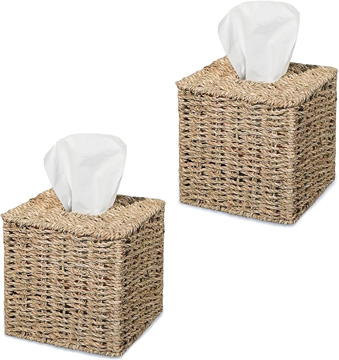 Set of 2 Seagrass Handwoven Wicker Tissue Box Cover, Natural Handmade Napkin Box Holder, Handcrafted Square Facial Tissue Holder for Bathroom, Rustic Decorative on Table and Bathroom,Boho Decorative