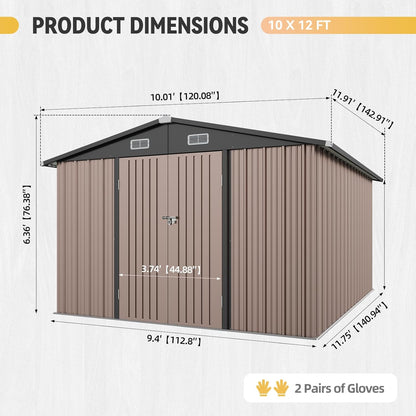 Aoxun 10x12 Shed with Brown Floor Galvanized Steel Outdoor Storage Shed Metal Garden Shed with Moisture-Proof Floor & Ventilation, Sloped Roof for Bike/Generator/Tool Storage (Brown Floor Included)