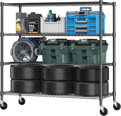 Himimi 72" H Storage Shelves 4 Tier Metal Shelving Adjustable Wire Shelf with Wheels, Heavy Duty Shelving for Garage Kitchen Pantry Bathroom Laundry 18" D*48" W*72" H, Black