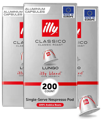 illy Aluminum Espresso Pods - Compatible with Nespresso Machines - Classico Lungo Roast Coffee - Mild & Balanced - Notes Of Caramel, Orange Blossom & Jasmine - 10 Count (Pack of 20)