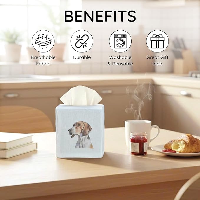 EmbroideryLinen.VN Tissue Box Cover Set of 2, Square Linen Tissue Holder, Printed Animal Pattern, 4.5x4.5x5.5 Inches, Decorative Holder for Bathroom, Living Room, Office (Dog - Ivory)